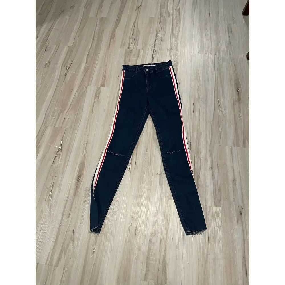 Zara Trafaluc dark skinny jeans red and white striped distressed denim size 4